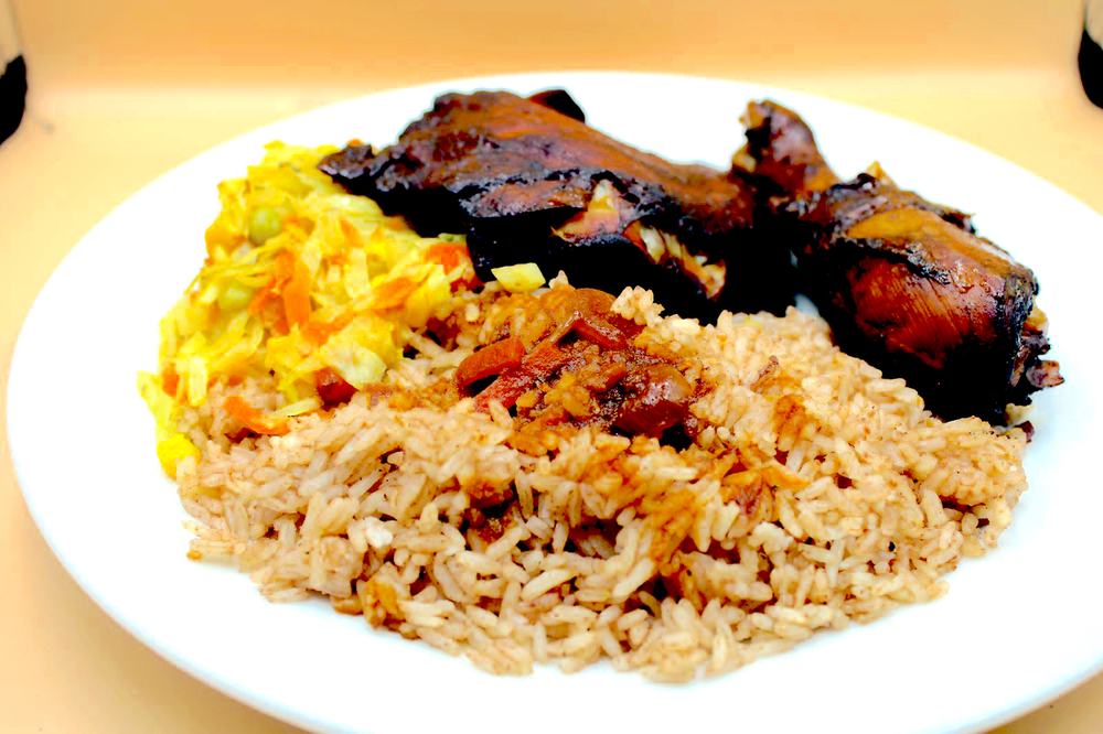 Baked chicken with rice and peas and cabbage