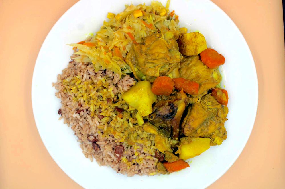 Curried chicken with rice and peas